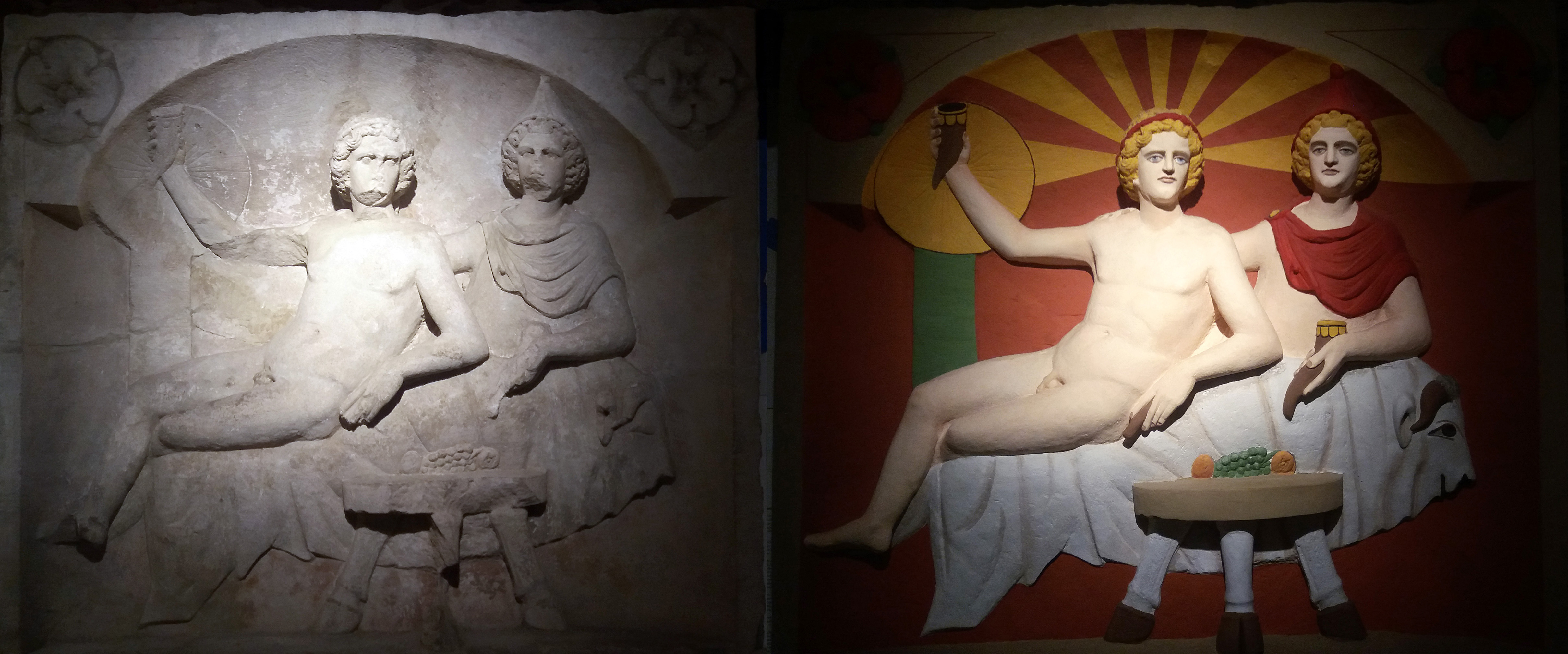 Fotod 1 ja 2: Mithrase ja Heliose / Soli ühine söömaaeg. Kultusreljeef Ladenburgi (Saksamaa) mithraeum’ist (Ladenburgi Arheoloogiamuuseum). Kõrval olev foto kujutab sama reljeefi tänapäevast koopiat, millele on lisatud värvid. On kindel, et kõik kultusreljeefid olid algselt värvitud (fotod: Jaan Lahe).